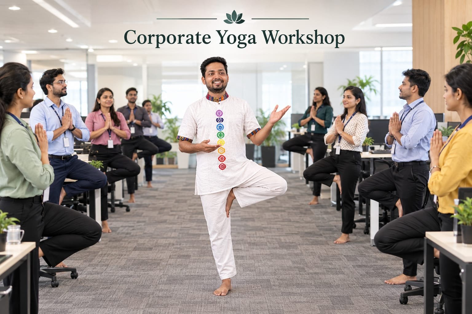 Corporate yoga workshop session at an office