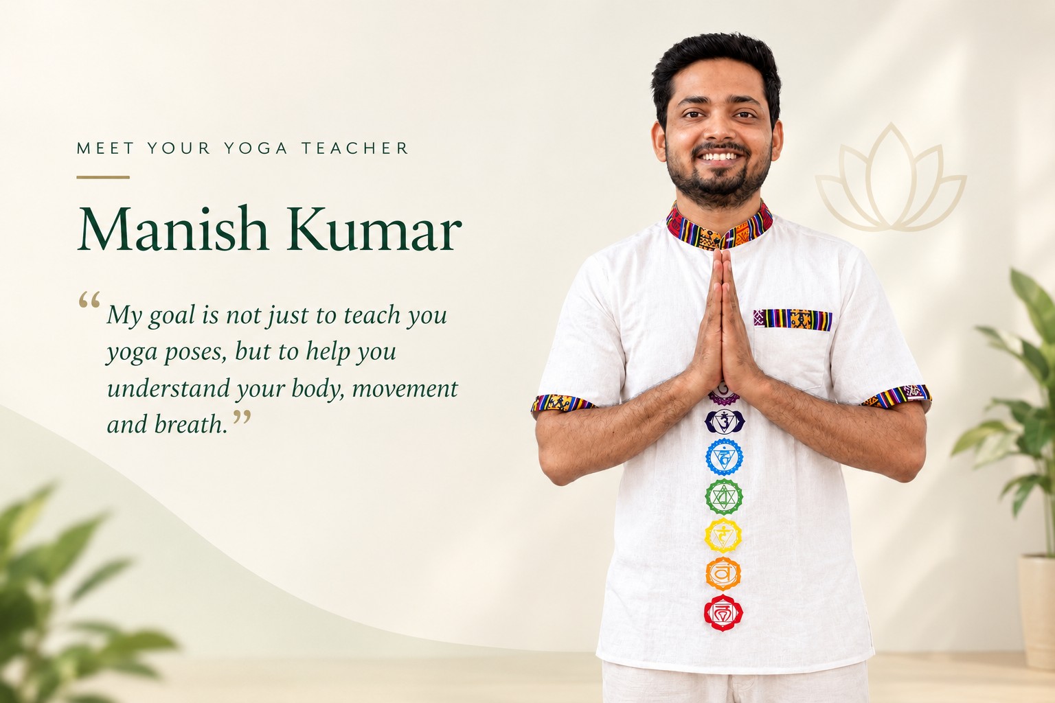 Manish Kumar, founder and lead instructor of Veda Yoga Studio, greeting with a namaste